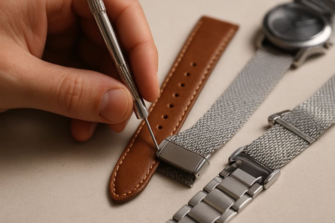 tournevis pour montre utilisé sur un bracelet en cuir, à côté de bracelets en maille milanaise et à maillons