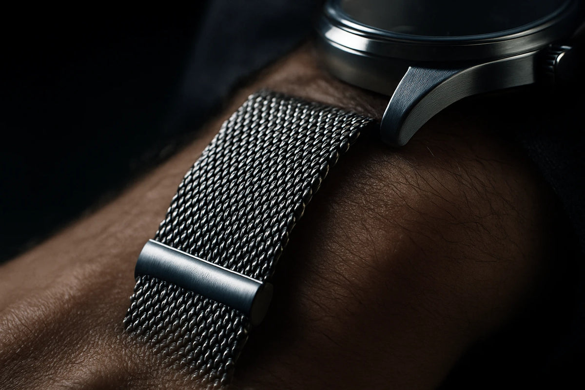 bracelet montre luxe en maille milanaise acier sur une montre au poignet