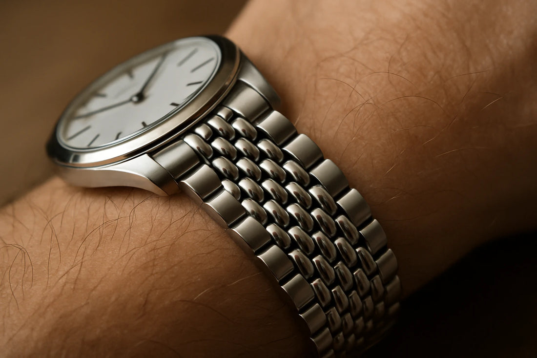 bracelet beads of rice en acier sur une montre à cadran blanc