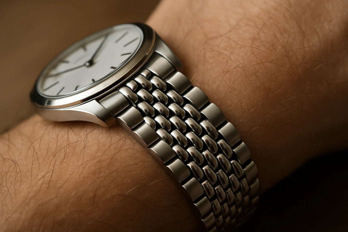 bracelet beads of rice en acier sur une montre à cadran blanc