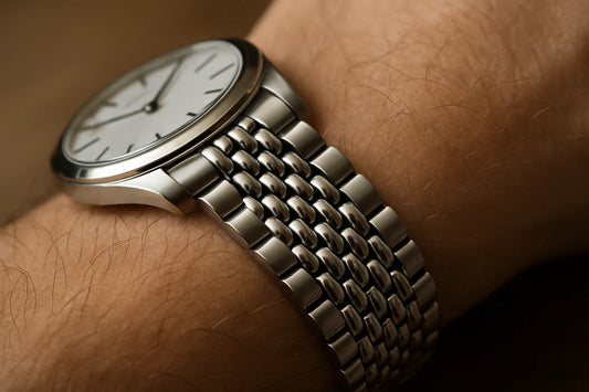 bracelet beads of rice en acier sur une montre à cadran blanc