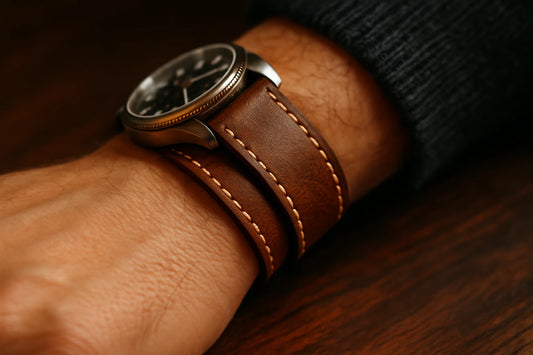 bracelet double tour en cuir marron surpiqué sur une montre à cadran noir