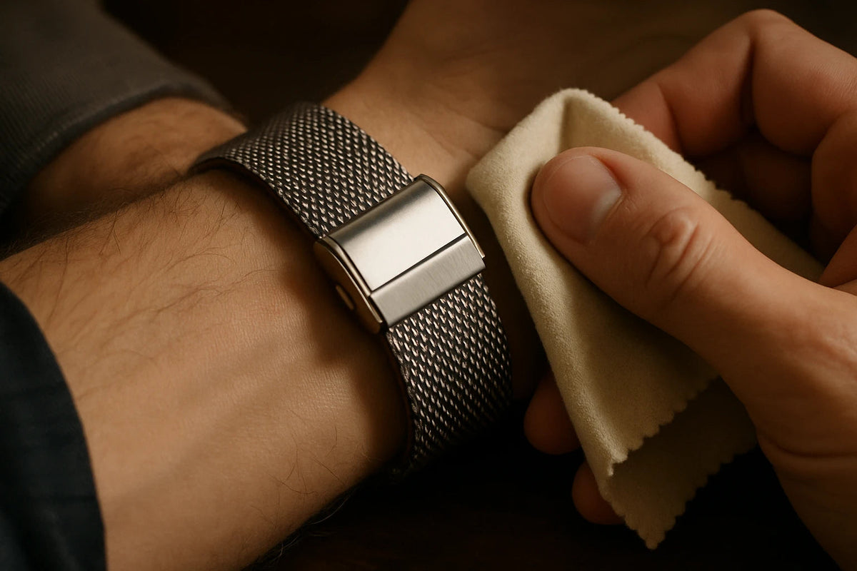 Chiffon microfibre montre essuyant un bracelet maille milanaise au poignet