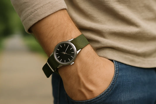 bracelet single pass en nylon vert olive sur une montre à cadran noir
