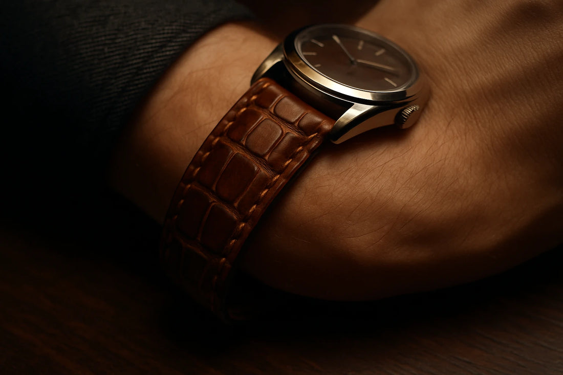 bracelet cuir crocodile cognac sur une montre à cadran brun