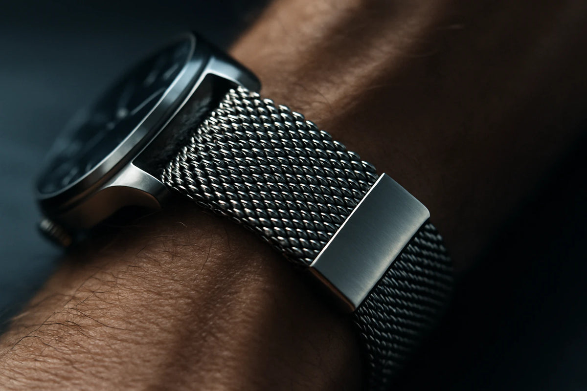 bracelet montre interchangeable en maille milanaise sur une montre acier