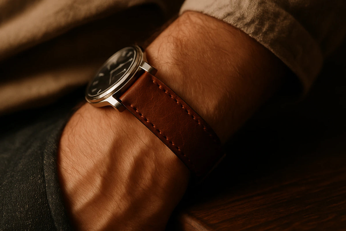 bracelet montre original en cuir marron surpiqué sur une montre à cadran noir