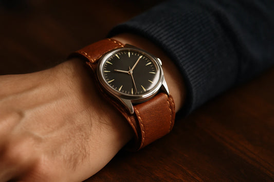 bracelet bund en cuir marron sous une montre à cadran noir
