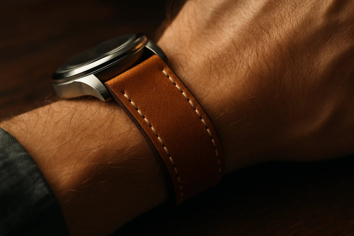 passant bracelet montre : bracelet en cuir camel surpiqué porté au poignet