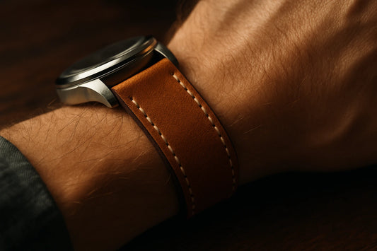 passant bracelet montre : bracelet en cuir camel surpiqué porté au poignet