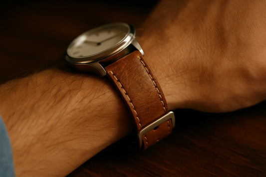 Bracelet montre cuir homme marron surpiqué sur une montre à cadran clair, porté au poignet