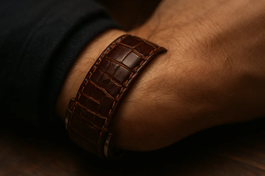 bracelet cuir alligator marron porté au poignet