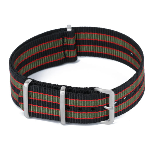 Bracelet nylon NATO James Bond Original Noir Vert Rouge (Boucle Acier) Braxen